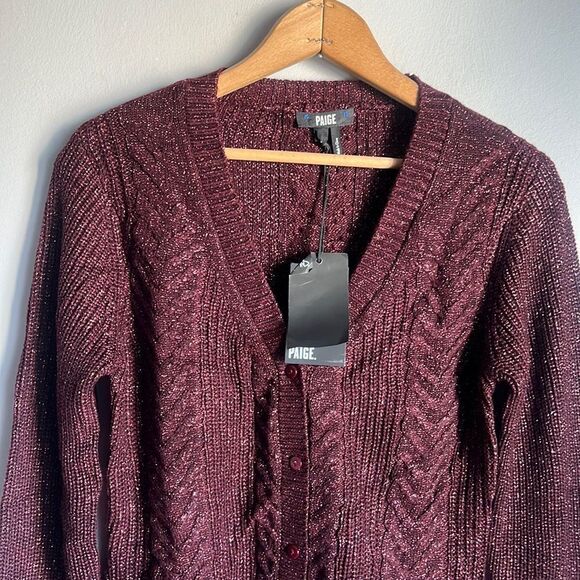 NEW PAIGE Nanari Metallic Cable Knit V-Neck Cardigan in Burgundy Sparkle - Picture 4 of 11